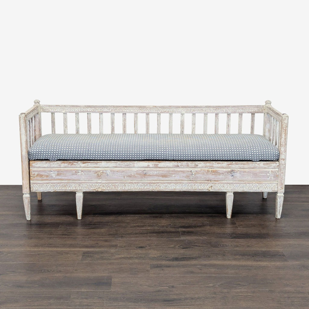 Hand-carved wooden stool with a distressed finish, part of the Stools, Ottomans & Benches category.  