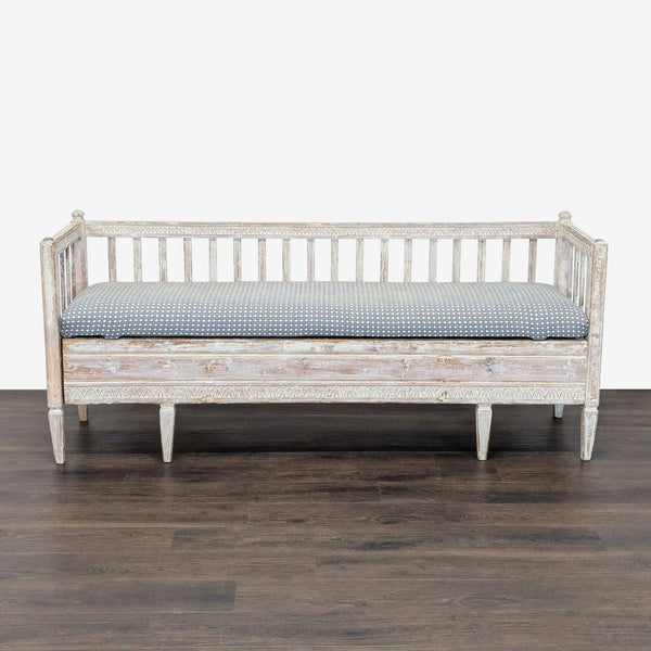 Hand-carved wooden stool with a distressed finish, part of the Stools, Ottomans & Benches category.  