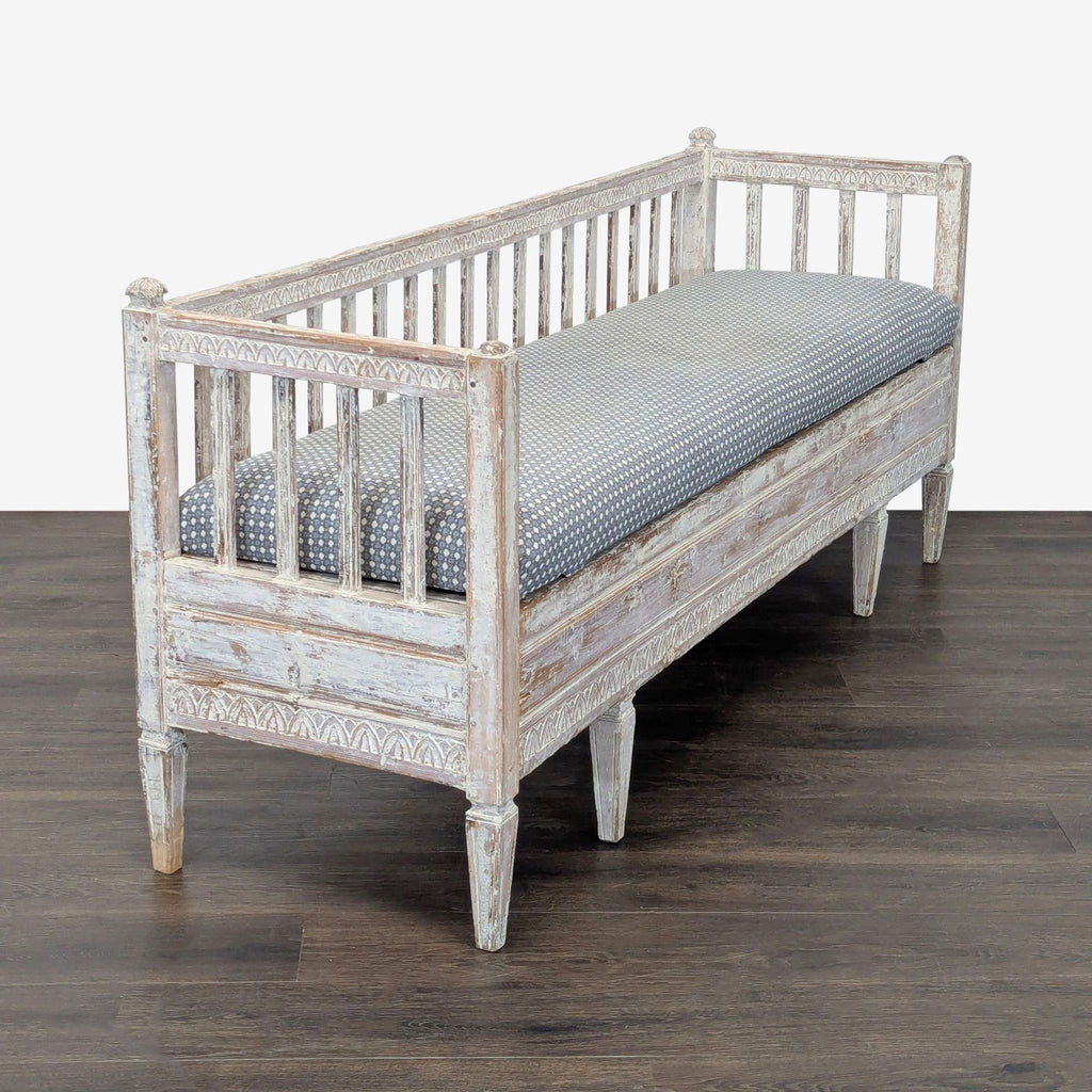 Carved Wooden Bench with Cushion