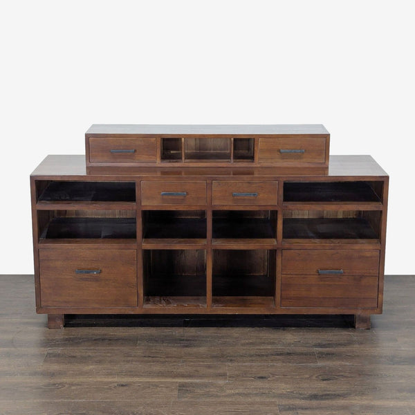Solid wood Crate and Barrel credenza with dovetail joints, drawers, open shelves, and black iron pulls.