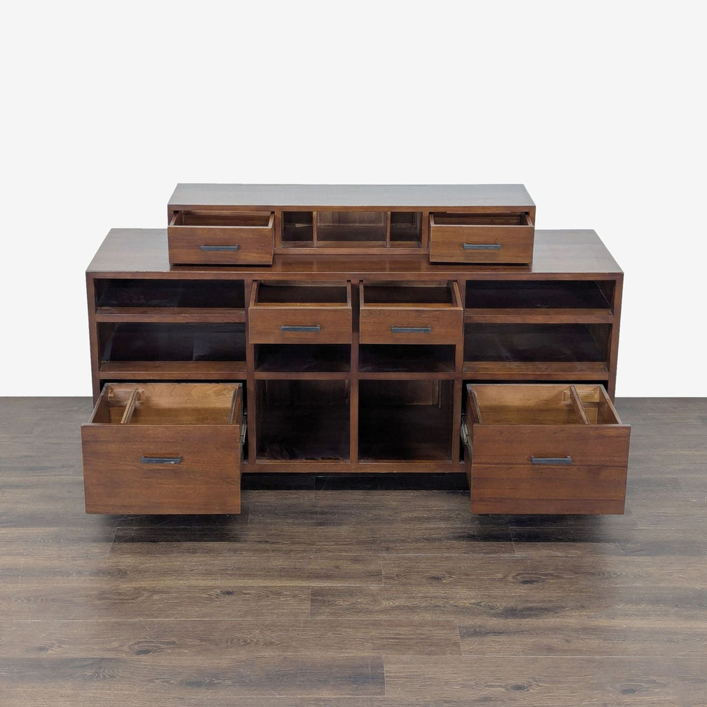 Sideboard & Credenza featuring two top drawers, two file drawers, seven shelves, and a removable cubby topper.