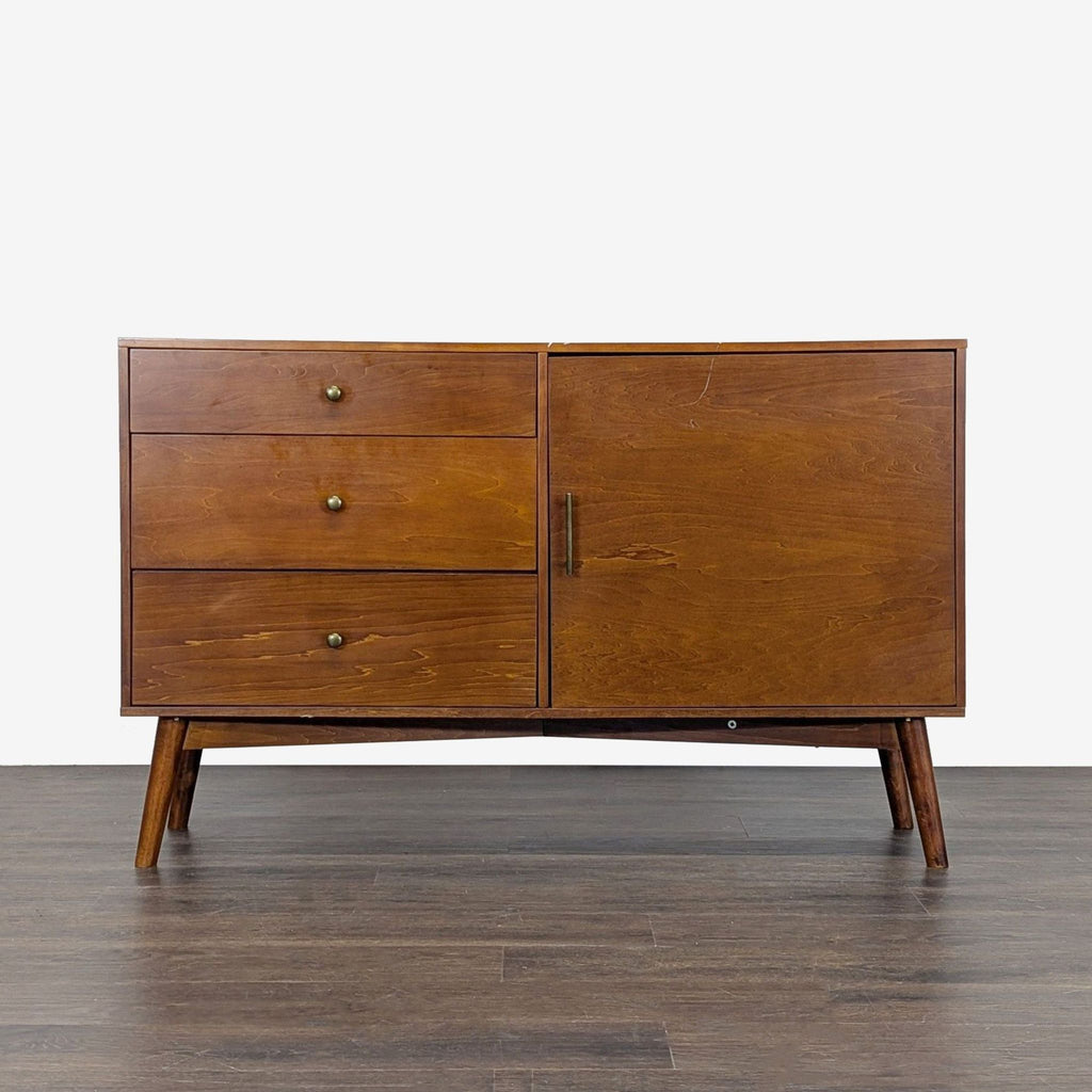 Walker Edison mid-century modern entertainment center with two side cabinets and central drawers.