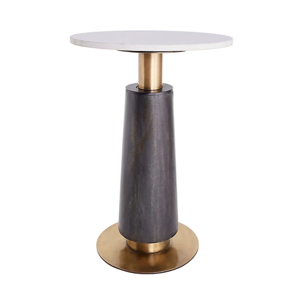 Modern side table with white marble top, ebony mango wood post, and brass accents by Arteriors Home.  