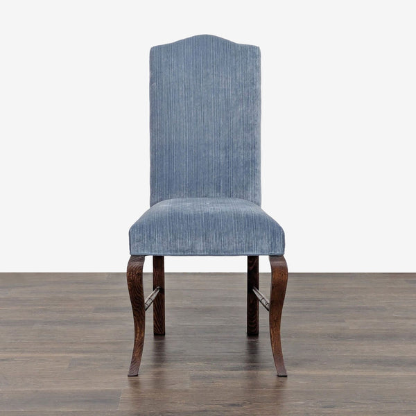 1. Dining chair with a high back and blue upholstery, featuring cabriole front legs and wooden frame.