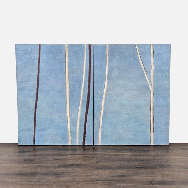 Minimalist tree art by Janine Brown on two wooden panels, blue textured background, slight edge wear visible.