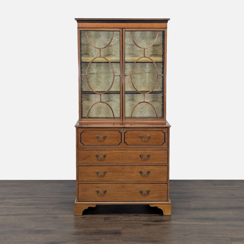 Elegant wooden desk with glass display hutch, decorative shelves, and four roomy storage drawers below.  