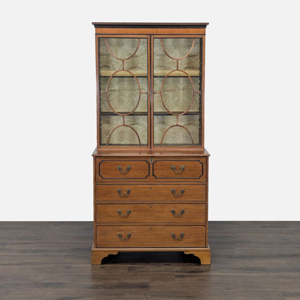 Elegant wooden desk with glass display hutch, decorative shelves, and four roomy storage drawers below.  