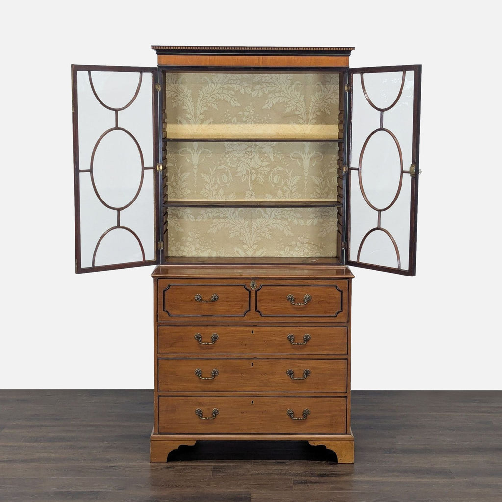 Classic Wooden Secretary Desk with Glass Display Hutch and Drawers