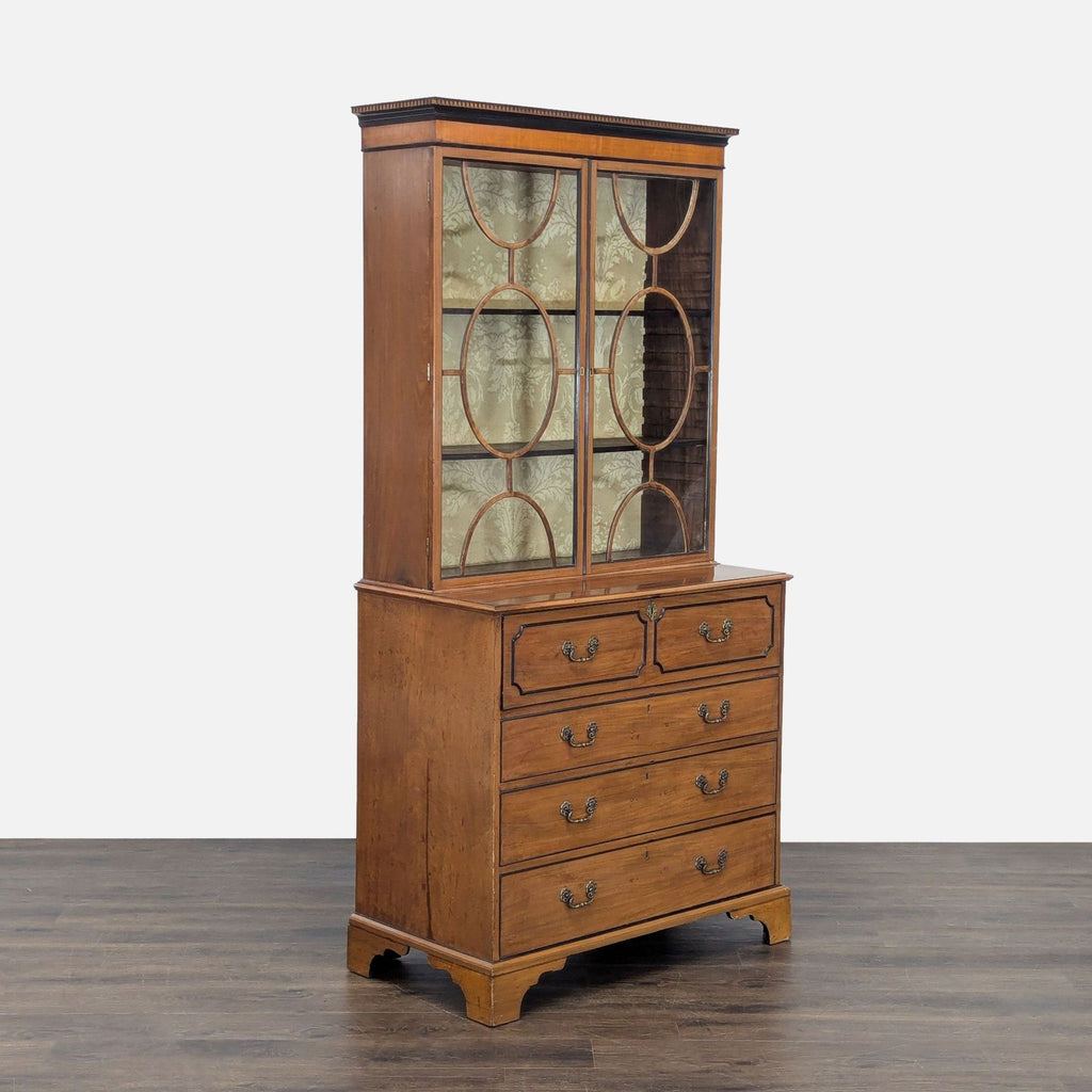 Wooden desk featuring display hutch, glass doors, and drawers; merges classic charm with modern organization.