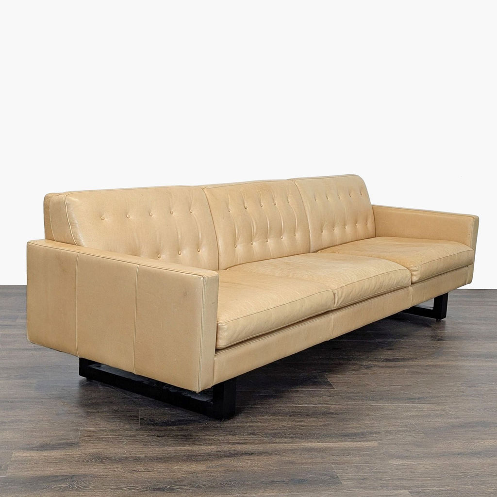 Room & Board Wells 3-Seat Tan Leather Sofa with Button Tufted Back