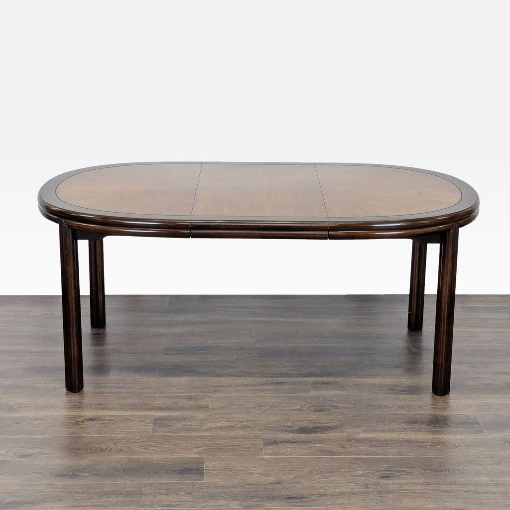 Elegant Drexel dining set: oval table, dark wood, seating for eight with cushioned chairs, suitable for dining rooms.