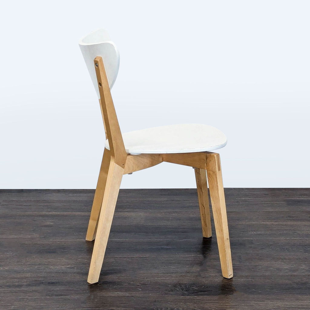 Minimalist Ikea chair featuring a clean white seat and backrest on natural wooden legs.  