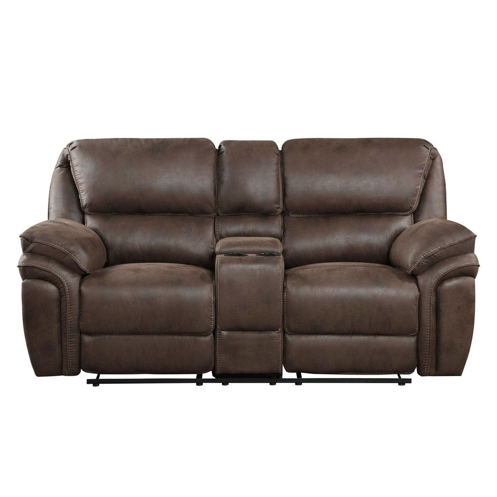 Brown Homeglance loveseat with plush cushions, dual recliners, and center console with cup holders.  