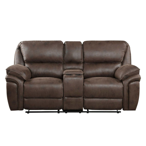 Homeglance brown loveseat with two recliners, plush cushions, and a center cup holder console.