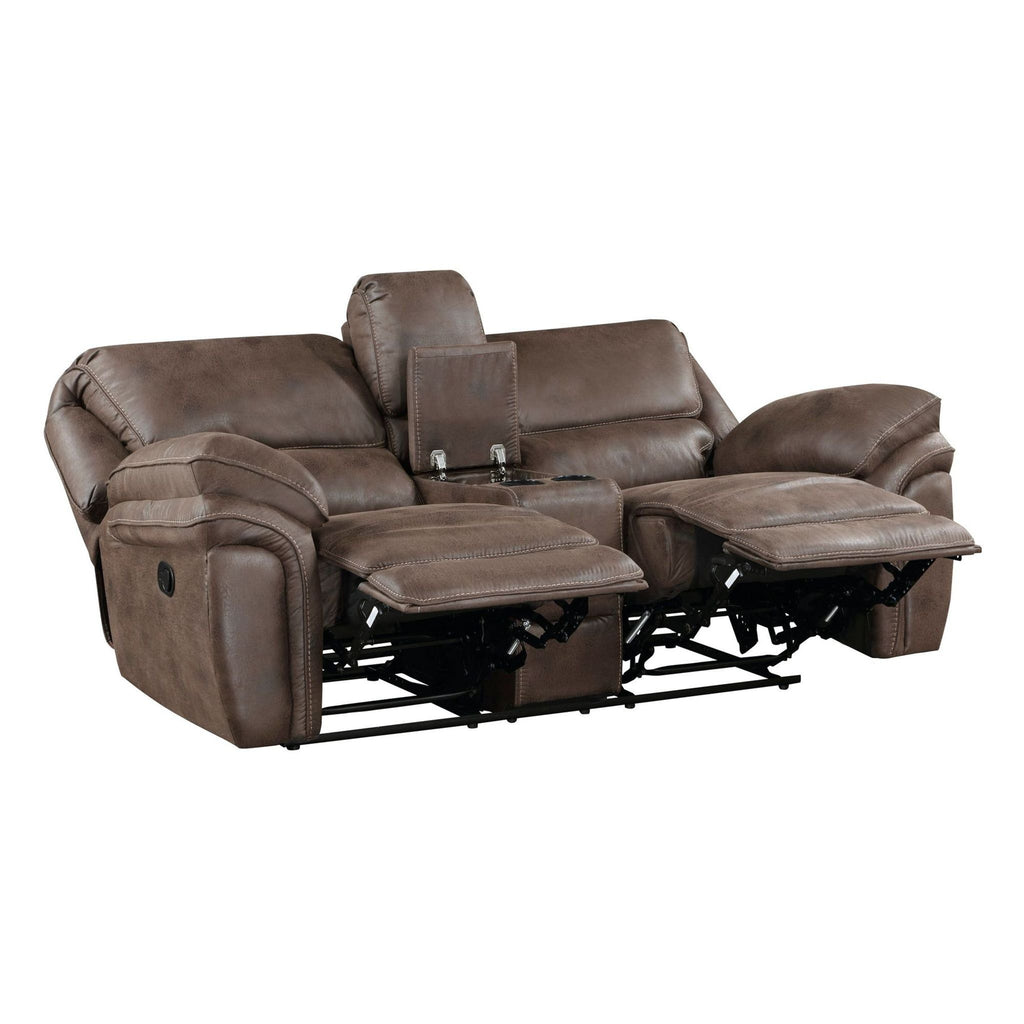 Comfy reclining brown loveseat by Homeglance, featuring a center console and cup holders for convenience.  