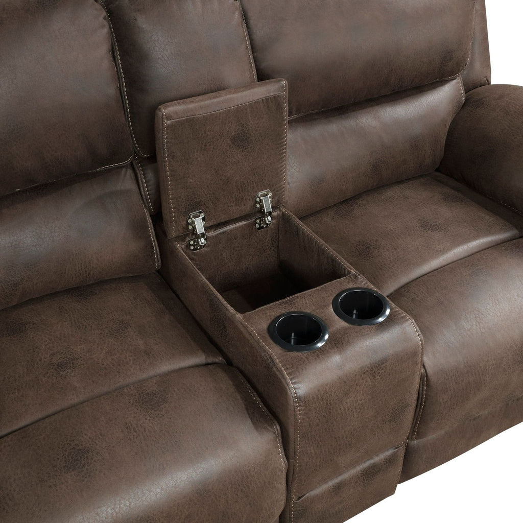 Homeglance brown loveseat offers two reclining seats, soft padding, and a central cup-holding console.