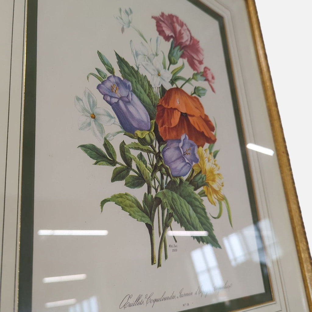 Vintage-style botanical illustration of assorted flowers, professionally matted and framed in elegant gold.