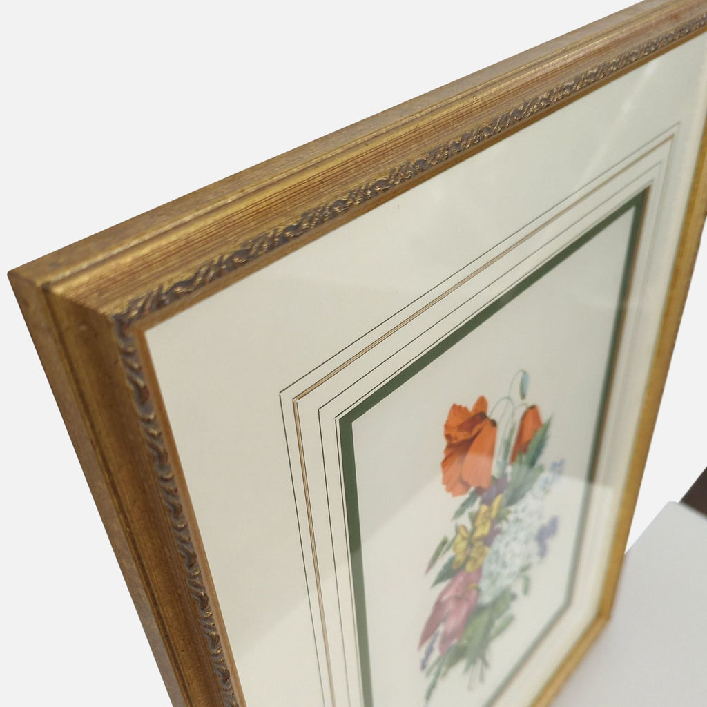 Classic botanical print of assorted flowers, set in a detailed gold frame with double matting, perfect condition.