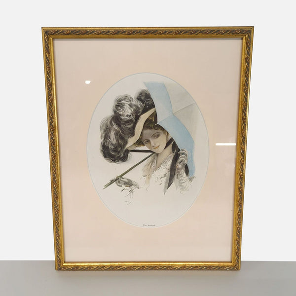 Framed vintage print "The Ambush" by Harrison Fisher shows a lady with elegant hat and blue parasol.  