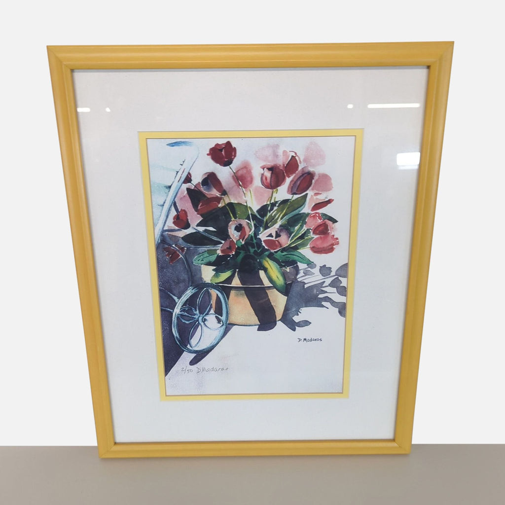Limited edition floral print by Diana Madaras shows a vivid bouquet in a yellow pot, framed and ready to hang.