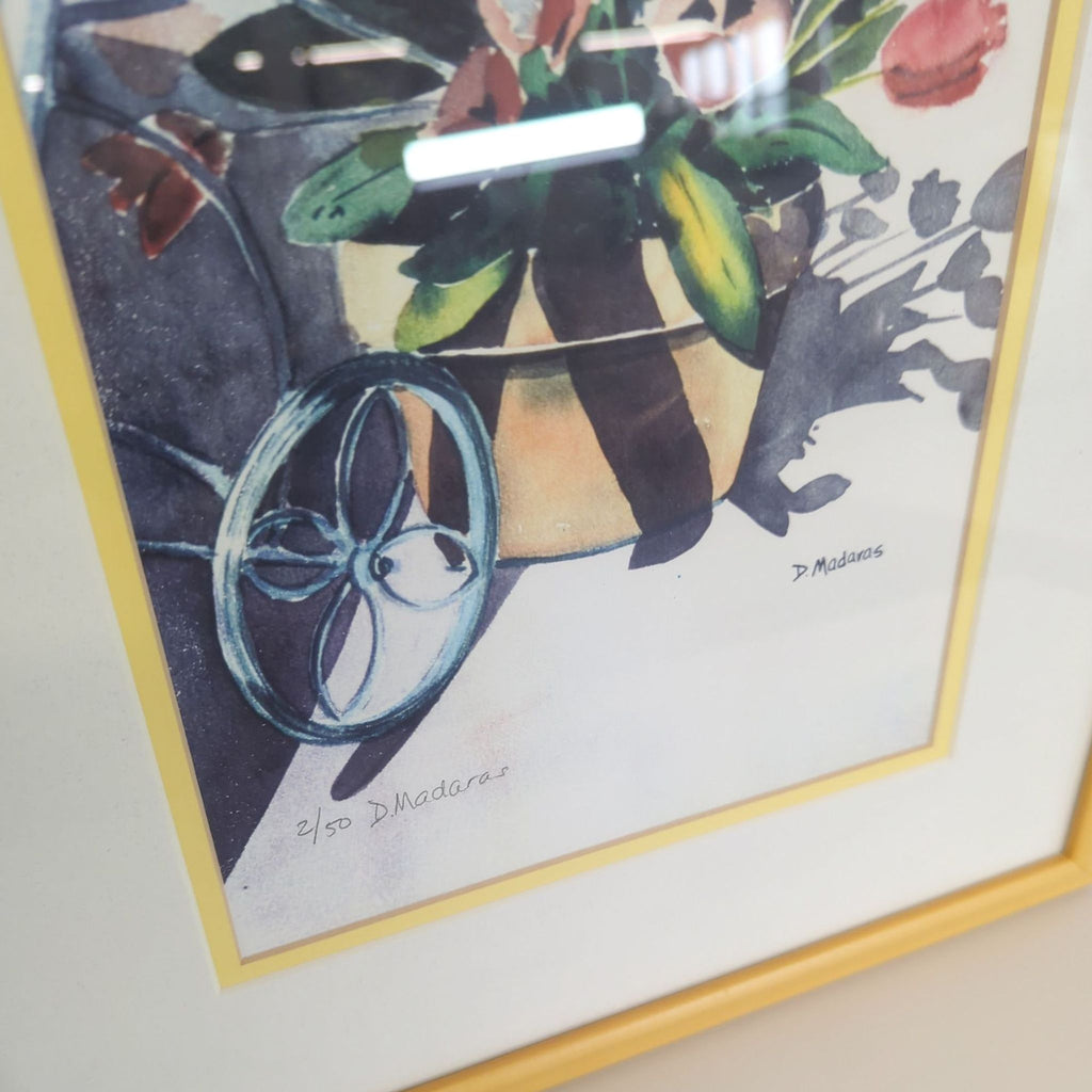 Signed Diana Madaras print: colorful flowers in a pot, yellow frame, glass cover, category Prints & Maps.