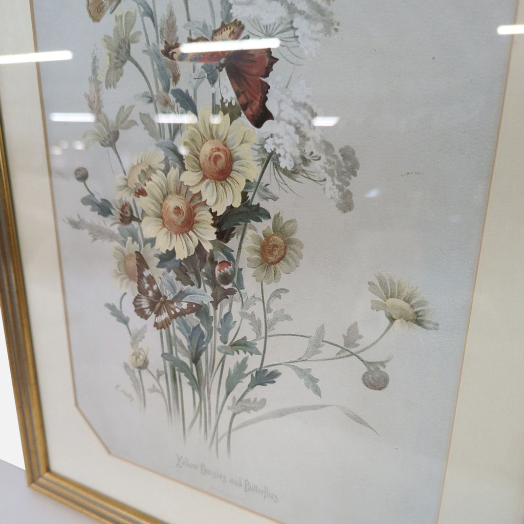 Art print of yellow daisies and butterflies, elegantly displayed in a gold-tone frame, for nature and decor lovers.
