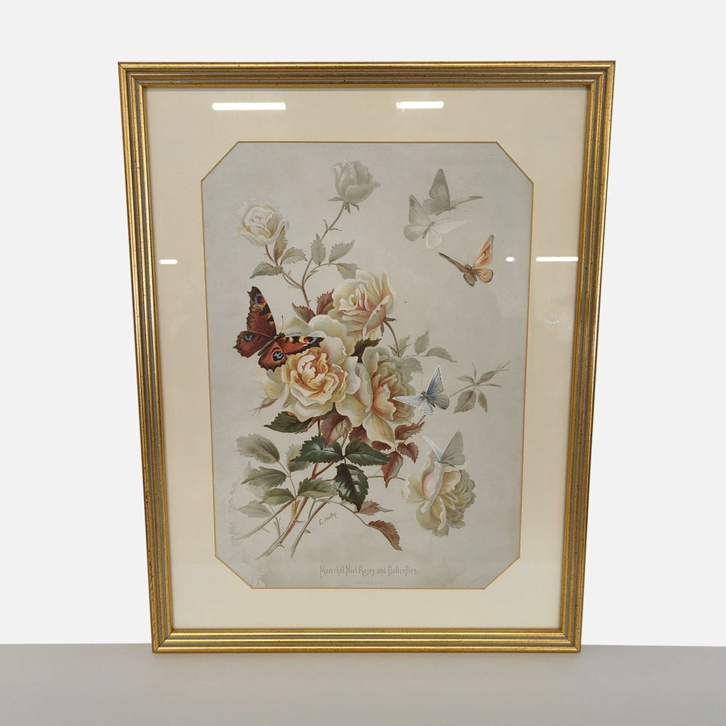 Framed print of yellow roses and vibrant butterflies by E. Welby, displayed with cream mat and gold-tone frame.