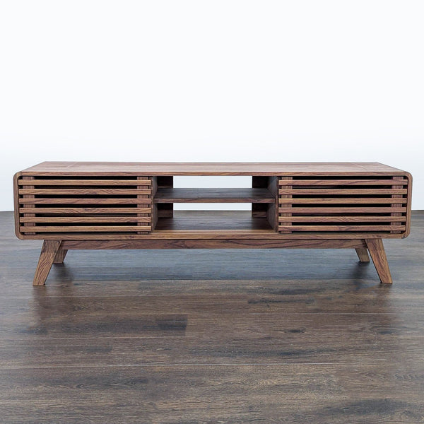 Mopio entertainment center features adjustable shelves and modern slatted sliding doors.  