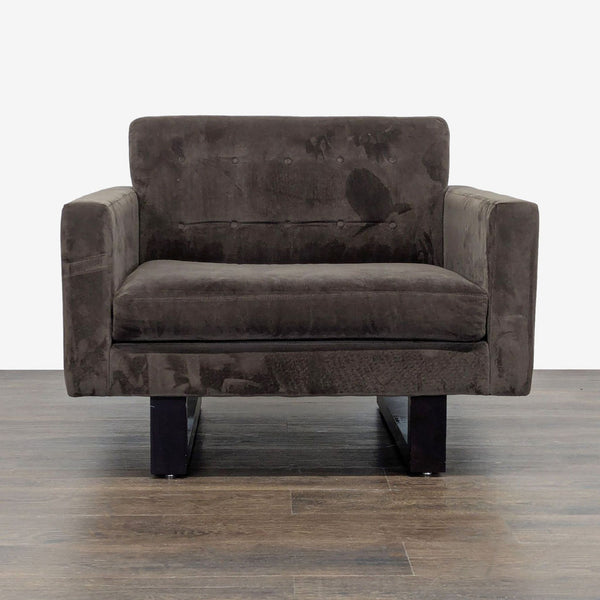 Modern brown Room & Board lounge chair with wide square arms and deep seat, perfect for contemporary spaces.  