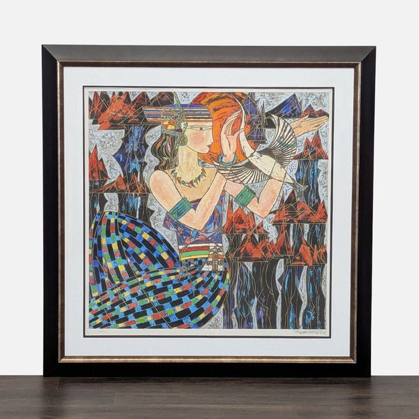 Framed art print of a woman with a bird by Ting Shao Kuang, featuring rich colors and geometric patterns.
