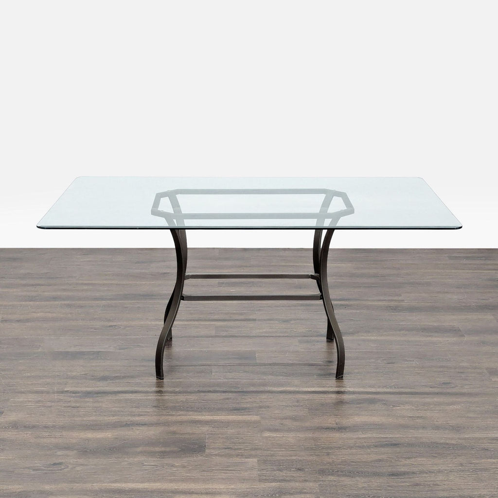 Dining set by Reflections Furniture featuring clear glass table and six cream chairs, ideal for family meals.