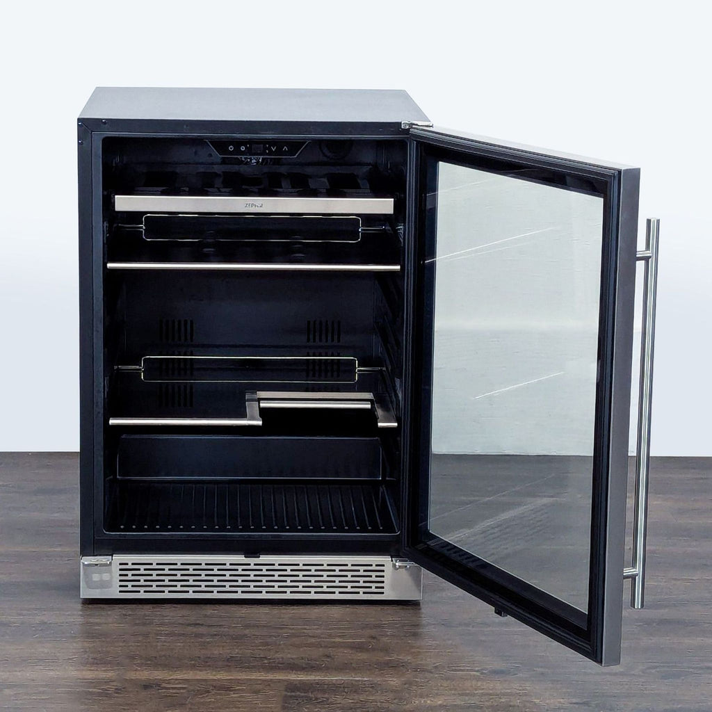 Sleek Zephyr fridge featuring a clear glass door, modern handle, and flexible shelving for stylish cooling.  