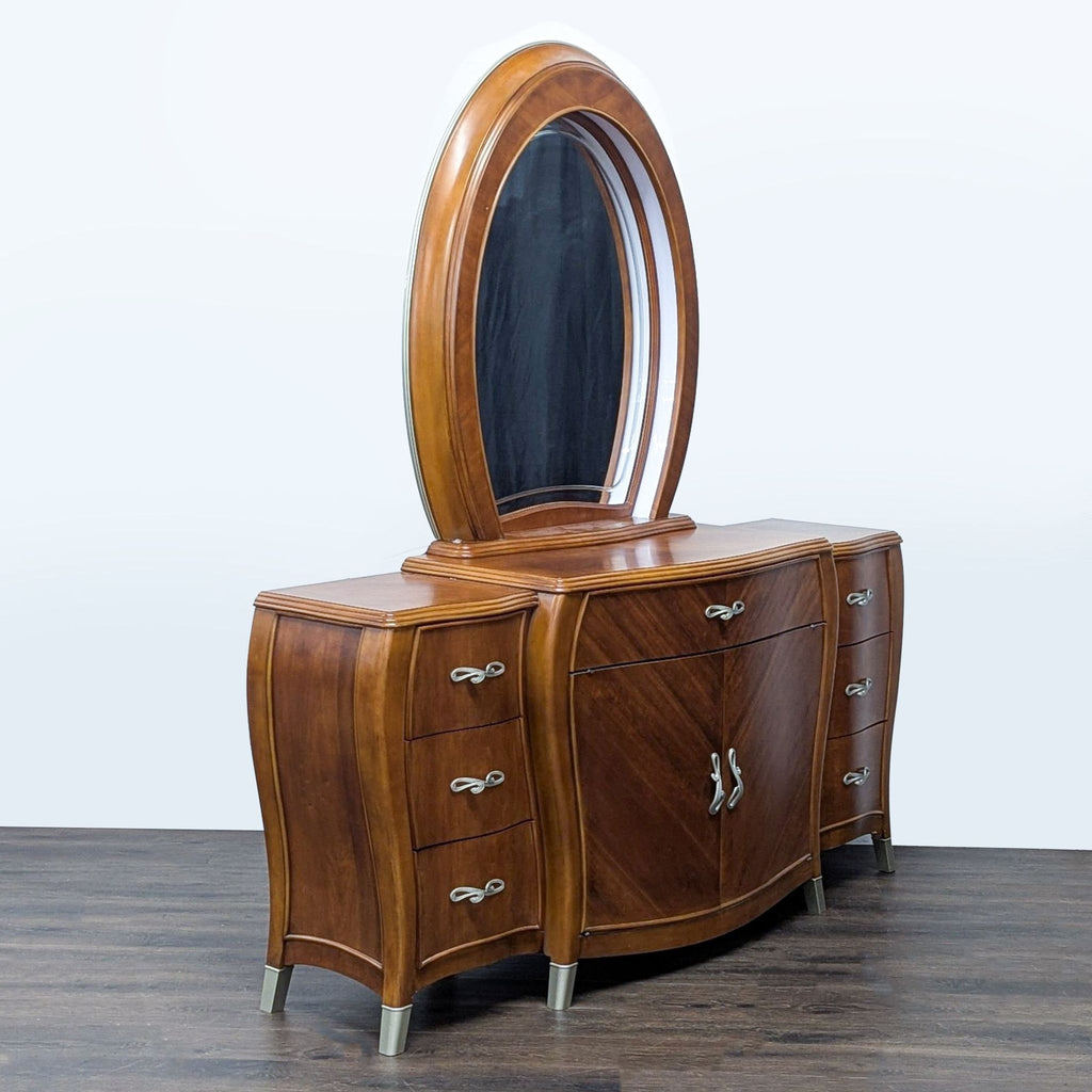1. Elegant Michael Amini dresser with ornate detailing and six spacious drawers in a polished wood finish.
