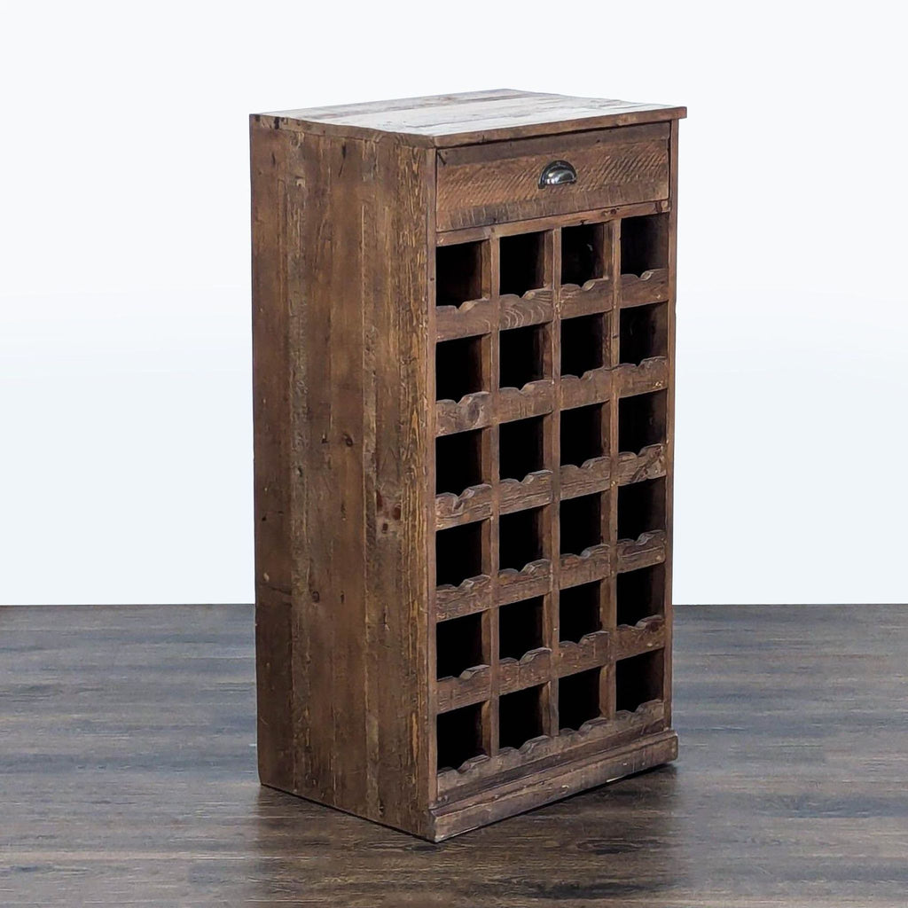 Wine rack from Pottery Barn crafted with reclaimed wood, includes drawer and 24-bottle capacity.