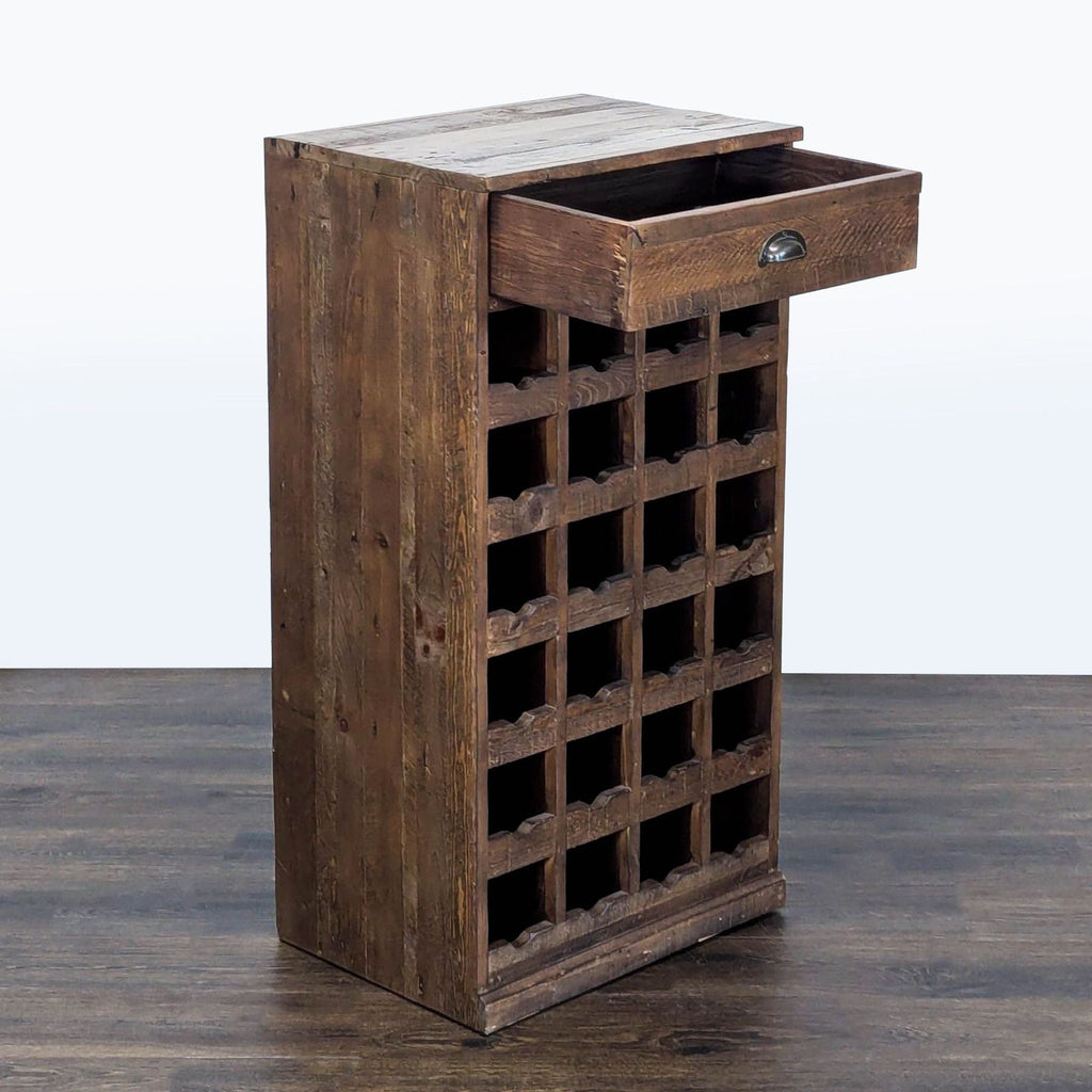 Rustic Pottery Barn wine rack, fits 24 bottles, features a storage drawer, made from reclaimed wood.  