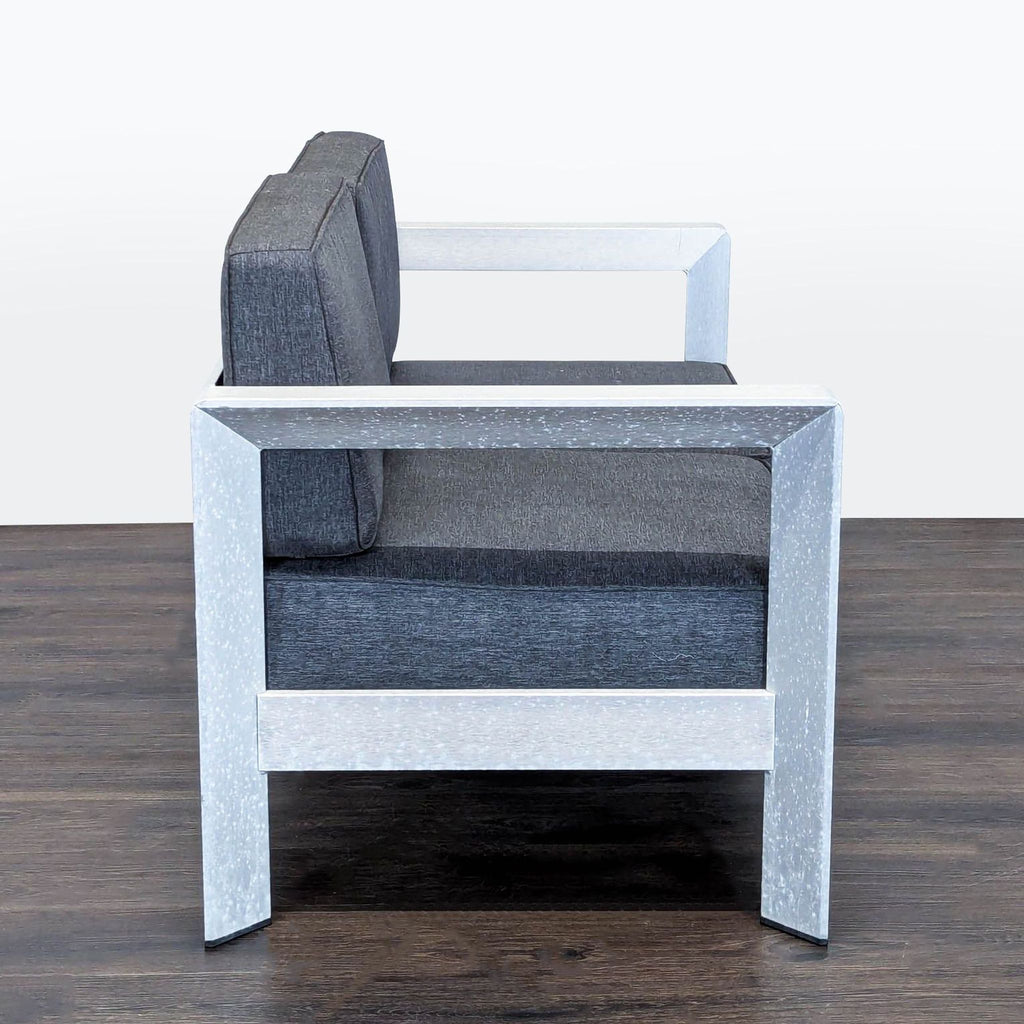 Christopher Knight aluminum outdoor chair with plush gray cushions, wide armrests, and seating for two.