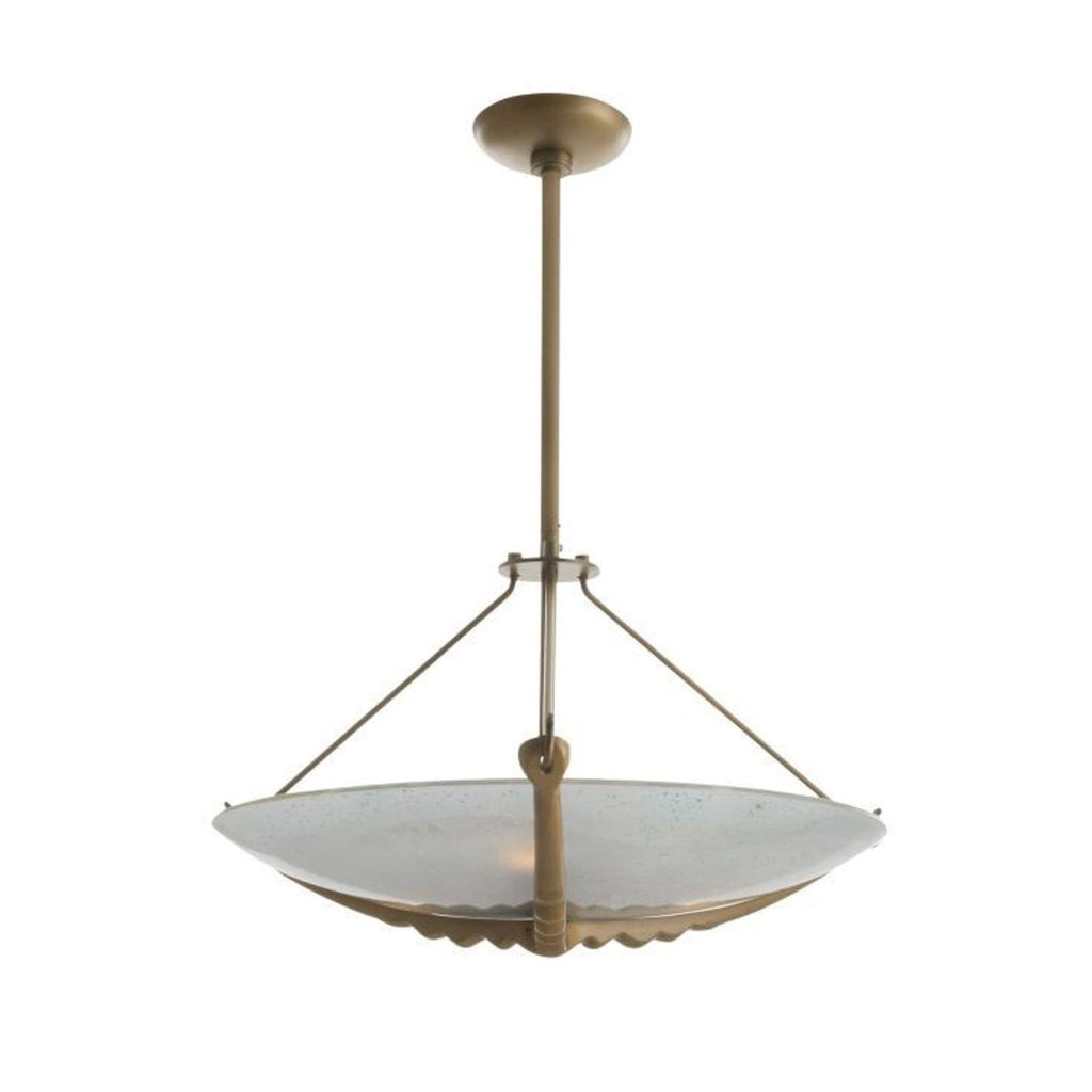 Modern ceiling fixture by Arteriors Home features a gold metal frame and frosted glass bowl for stylish lighting.