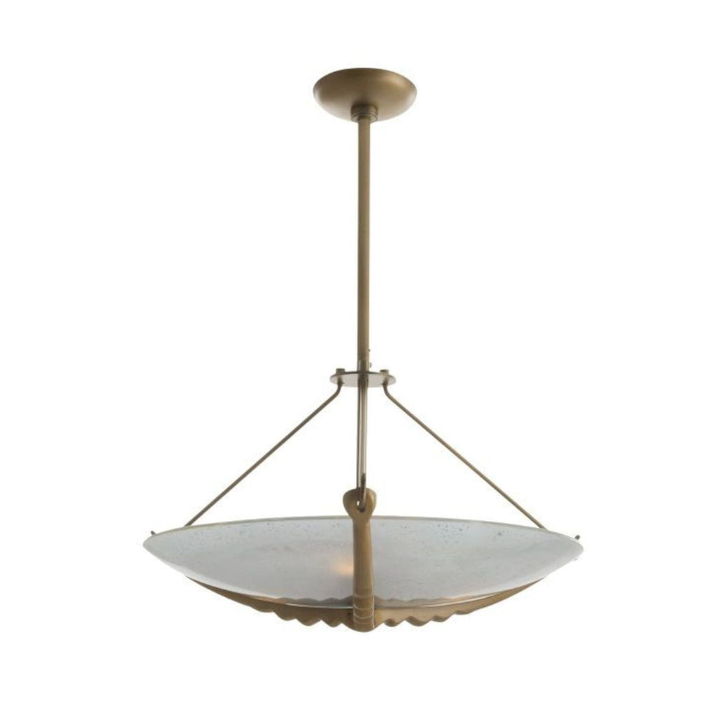 Gold-finished ceiling light from Arteriors Home with frosted glass bowl shade, modern minimalist style.