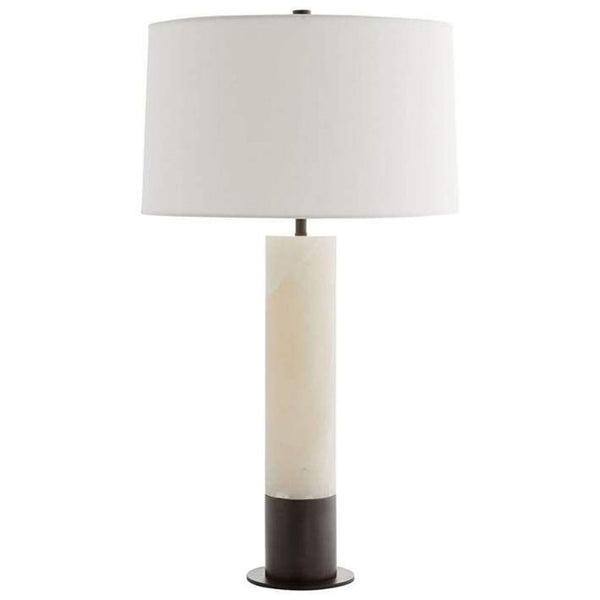 Arteriors Home table lamp with a white cylindrical alabaster base and bronze steel accents, shade not included.  