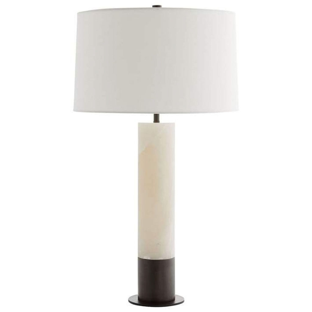 Modern table lamp with alabaster cylinder base and bronze steel accents, ideal for home or office décor.