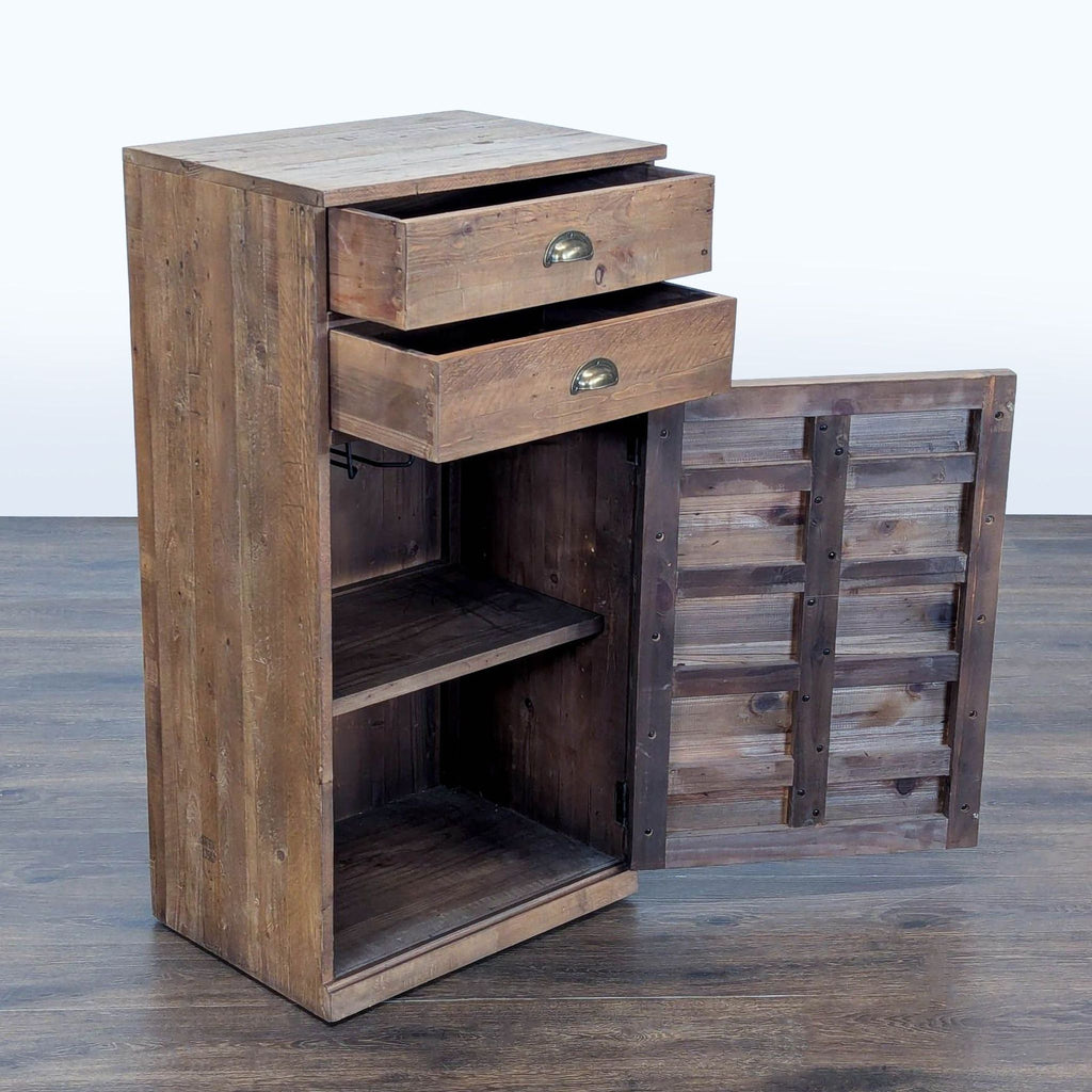 Pottery Barn cabinet made from reclaimed wood, featuring drawers and a single cabinet shelf.  