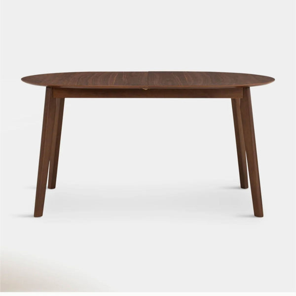Hoft dining table with walnut finish, featuring a butterfly extension for 4-6 guests, extends from 59 to 77 inches.  