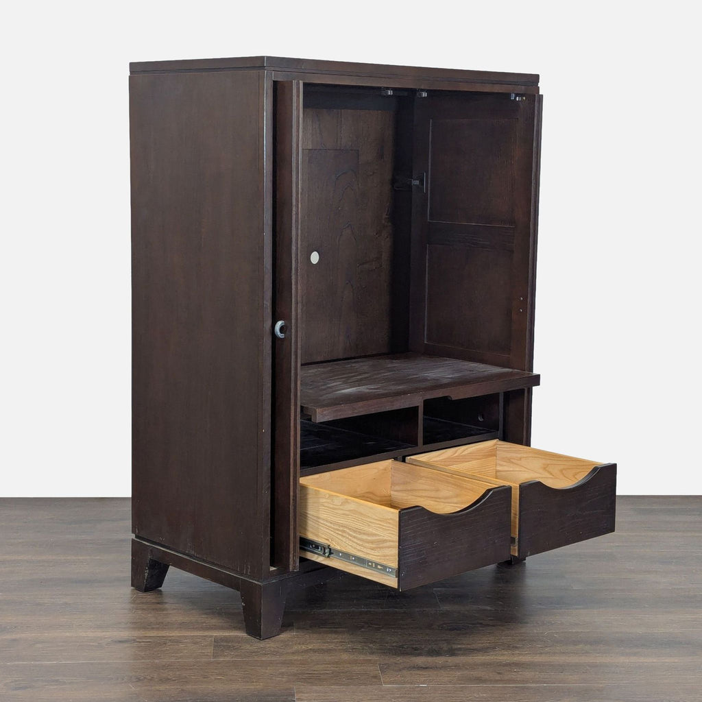 2. Ethan Allen cabinet open to show interior shelves, compartments, and two lower wooden pull-out drawers.