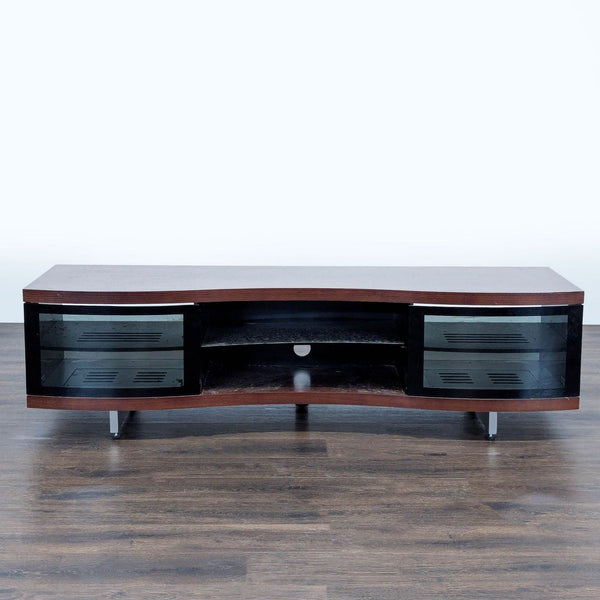 BDI Furniture entertainment center with wood finish, glass doors, side cabinets, open shelves, and nickel steel feet.