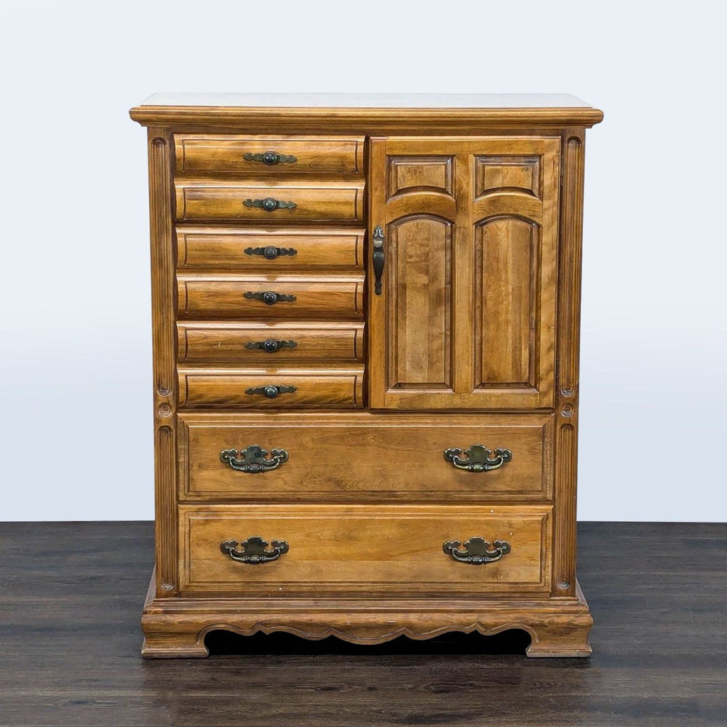 Classic wooden dresser with 8 drawers, metal handles, and a cabinet for versatile bedroom storage.