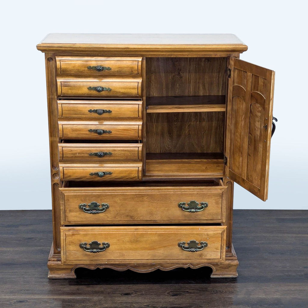 Spacious wood dresser featuring multiple drawers and a side cabinet with shelves for organized storage.