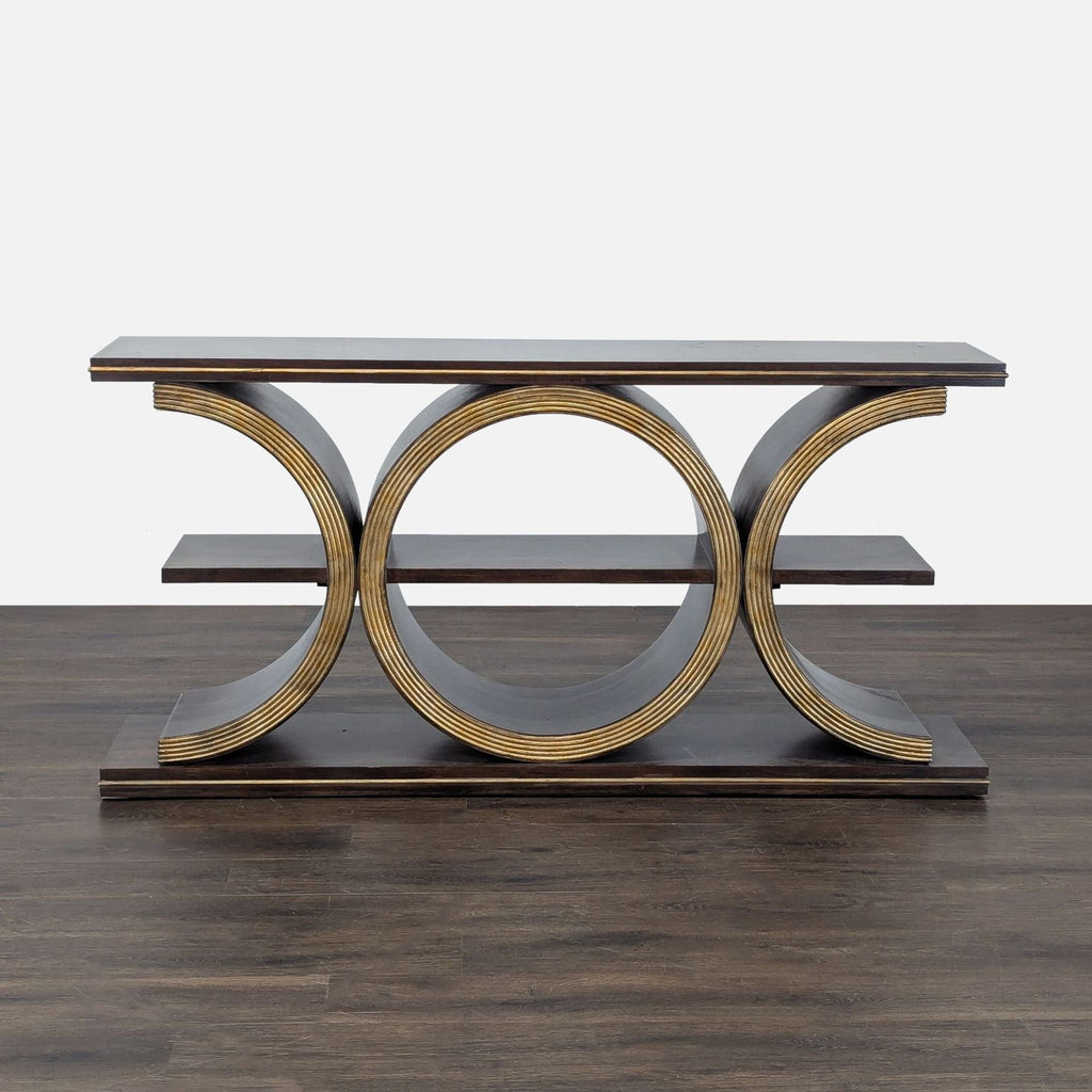 Gold-finished geometric walnut veneer console table by Hooker Furniture, featuring a single shelf beneath the top.