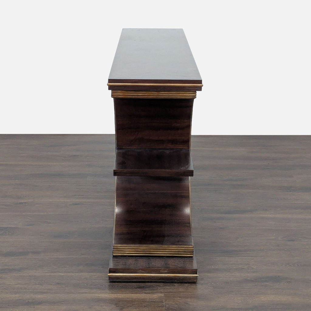 Hooker Furniture side table with gold powder finish, geometric design, and one shelf, crafted from walnut veneers.