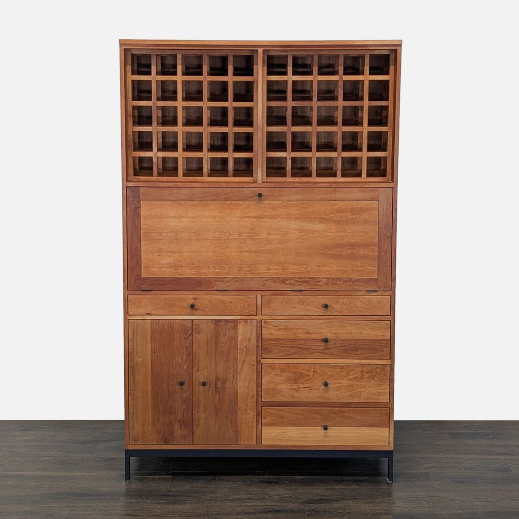 Cherry wood and steel wine cabinet by Room & Board with bottle storage, drawers, cabinet, and pull-out bar shelf.