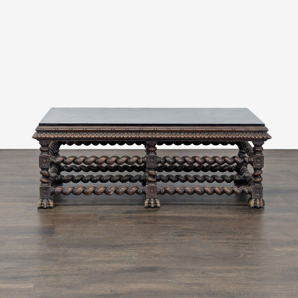 Barley twist coffee table with carved apron, ornate feet, and floral embellishments.  